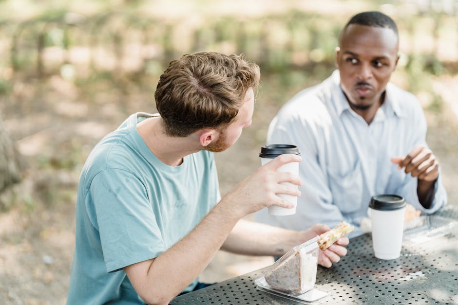 two men serious conversation coffee Masonic education